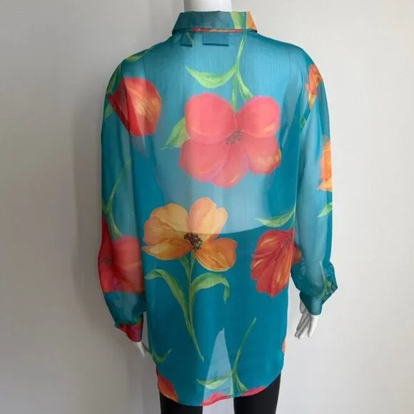 Liz Claiborne LizSport Sheer Floral Button-Down Blouse – Size M - Picture 2 of 6